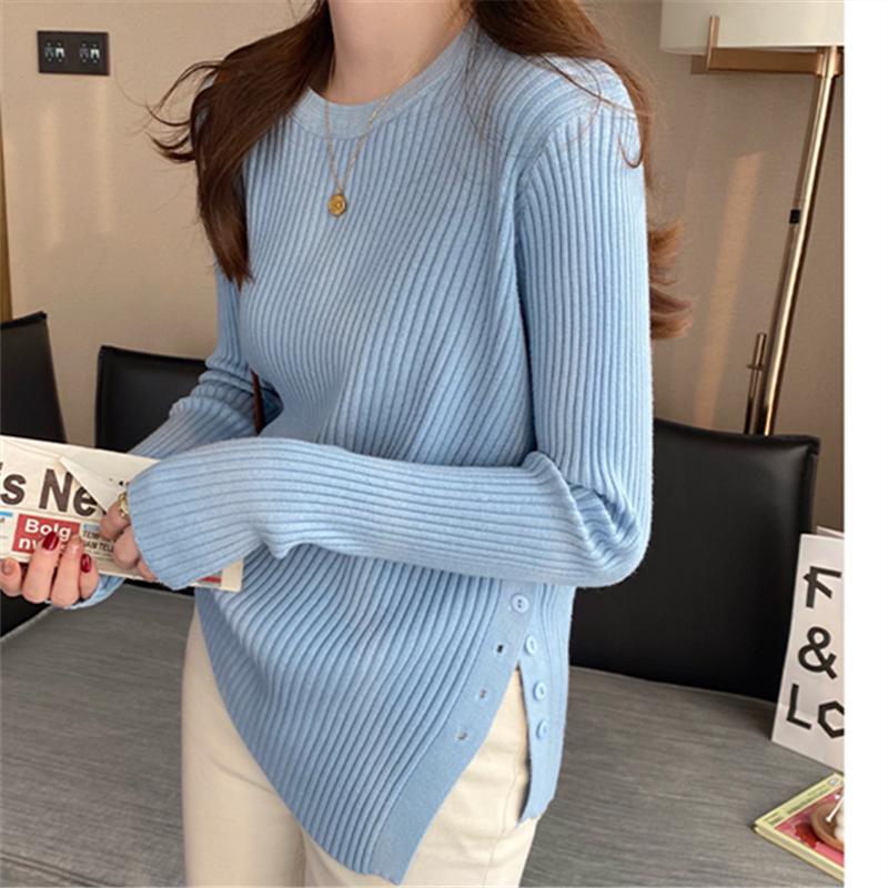 

Модные однотонные облегающие пуловеры вязаный свитер женский с длинным рукавом с круглым вырезом повседневные зимние женские свитера элегантные пуговицы женские джемперы трикотаж 25614 One Size светло-синий