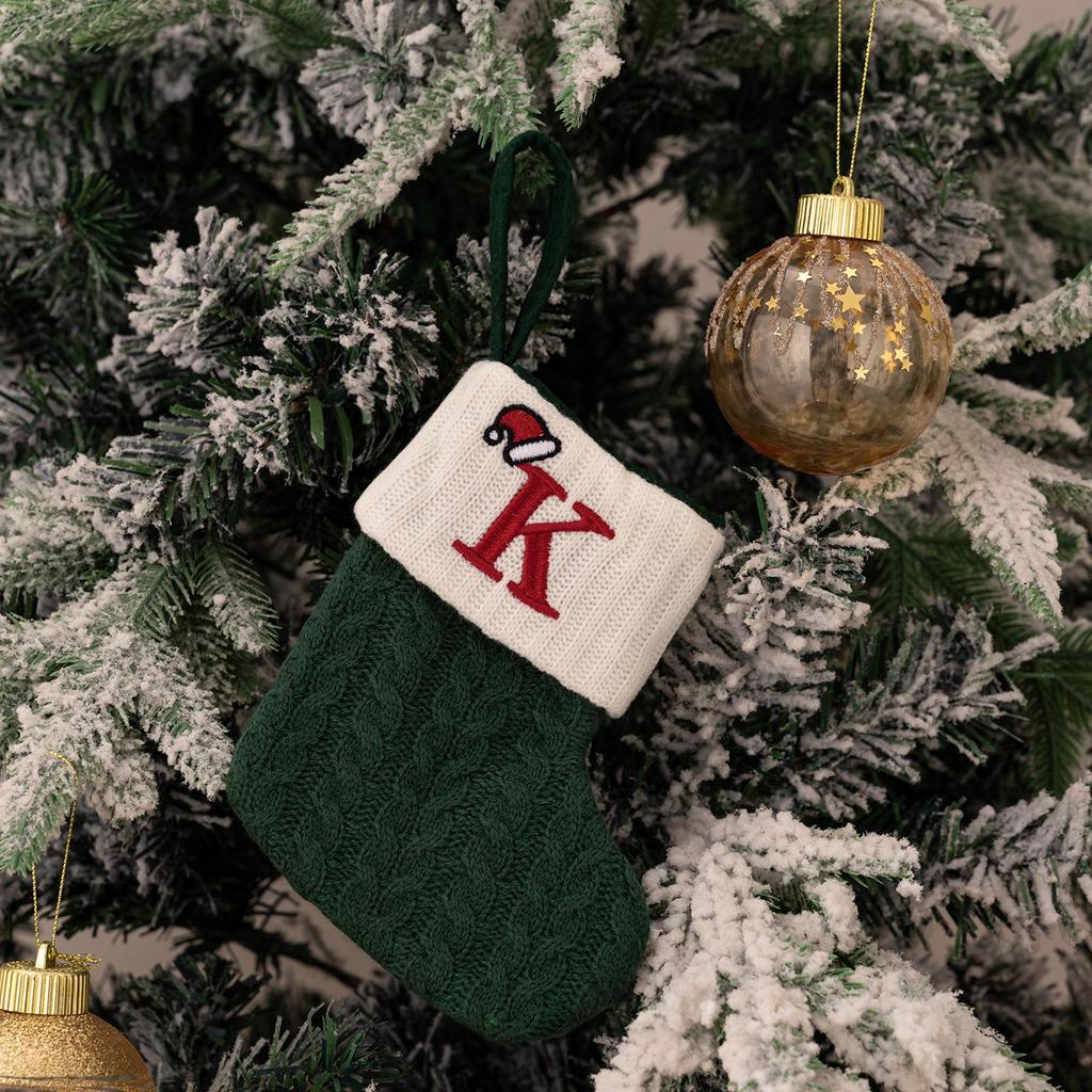 Haobei Green Knitted Christmas Stocking with Embroidered Lettering – Woolen Gift Bag Décor