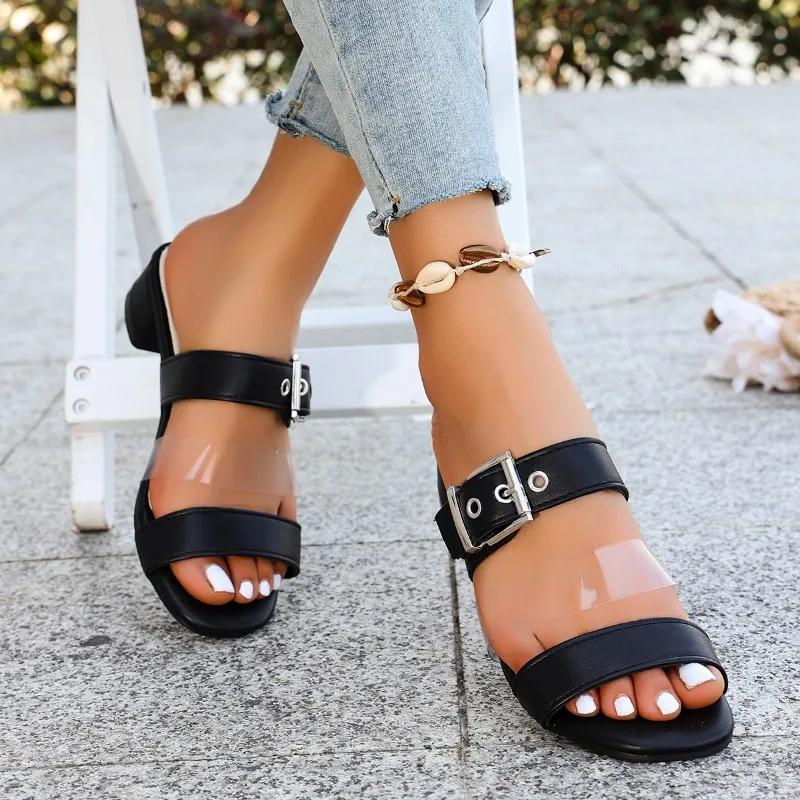 Summer New Round Head Metal Rivet Buckle Soft Sole Anti-slip Wear-resistant Slippers Women Fashion Mid-heel Sandals 35 2769₽