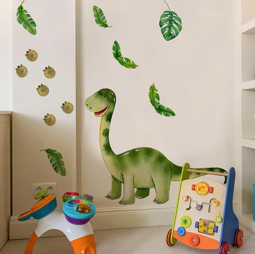 Cartoon Dinosaur Green Leaves Wall Sticker Kids Room Bedroom Wall Decoration Cute Self-Adhesive Wall Art
