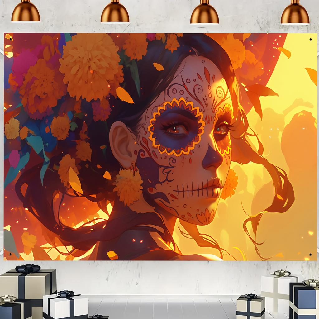 1pc Death's Day party banner featuring vivid Mexican skull and peanut designs no need for electricity