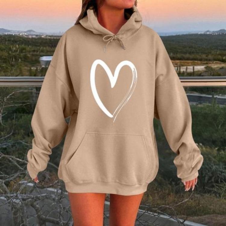 Oversized Fleece Lined Sweatshirt Women Long Sleeve Hoodies Fall Pullover Top with Pocket Heart Print Drawstring
