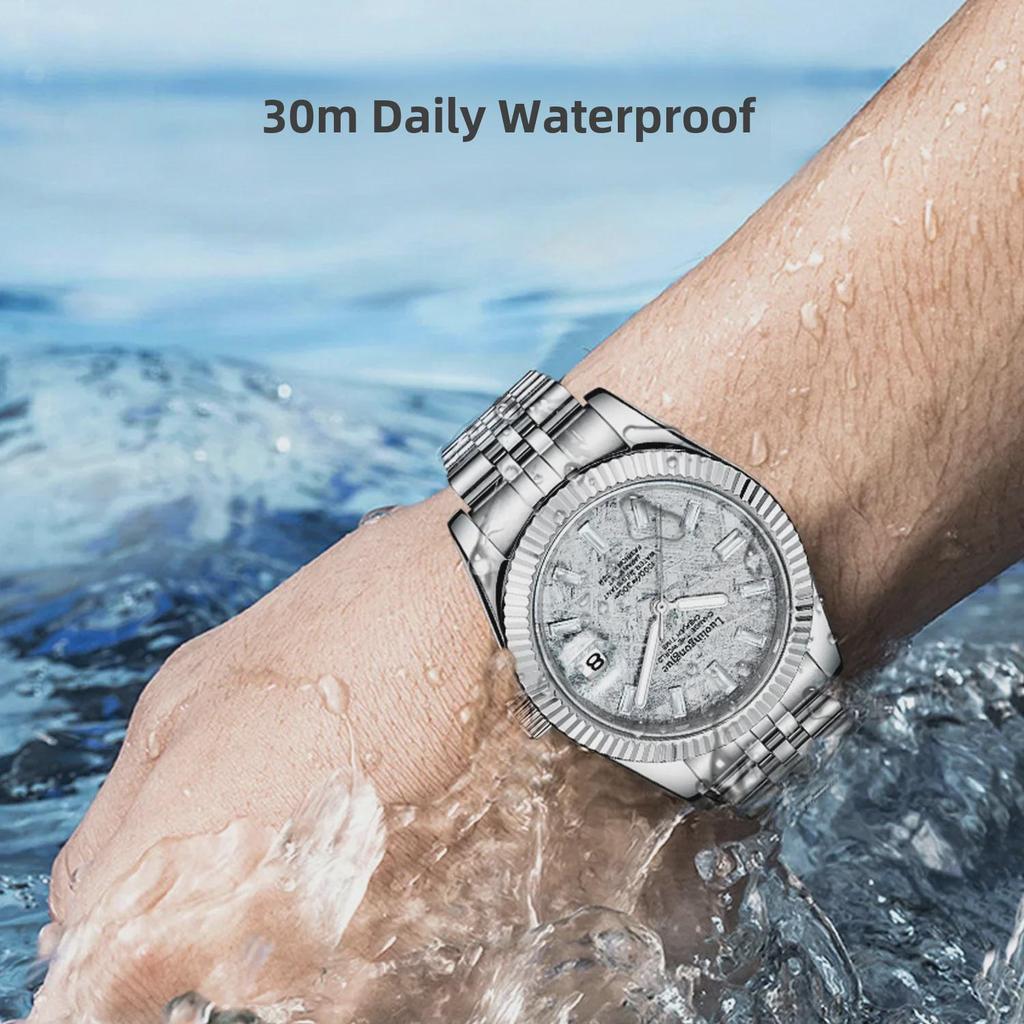 Meteorite Dial Duke of Lorraine 1988 Men's Automatic Mechanical Watch with Skeleton Calendar, Stainless Steel.