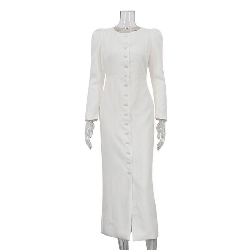 

Fashion Style Elegant Single-Breasted round Neck Dress Single Brewed round Neck Dress White S