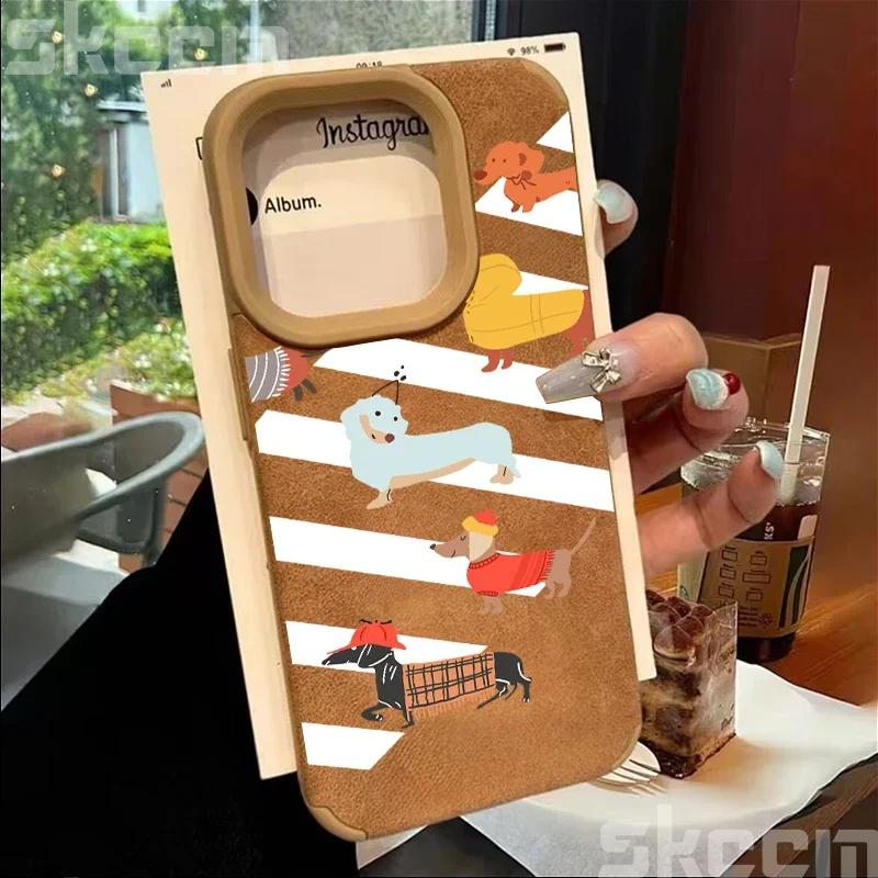 

Line Drawing Sausage Dog Leather Phone Case For iPhone 16 Pro Max 15 14 Plus 13 12 11 XS Max X XR Shockproof Matte Bumper Cover iPhone XR