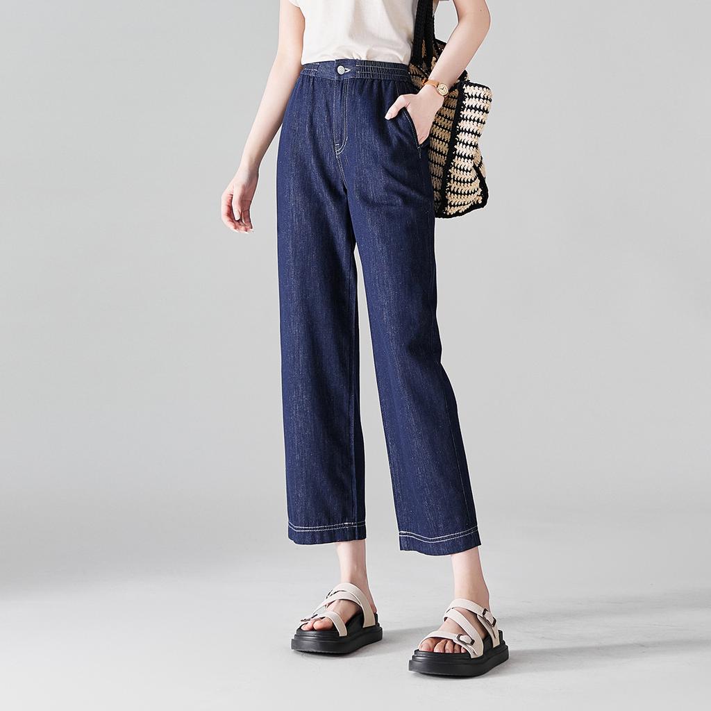 Cotton and linen elastic waisted jeans for women in 2026 summer, thin, fashionable, loose, versatile, slimming straight leg pants