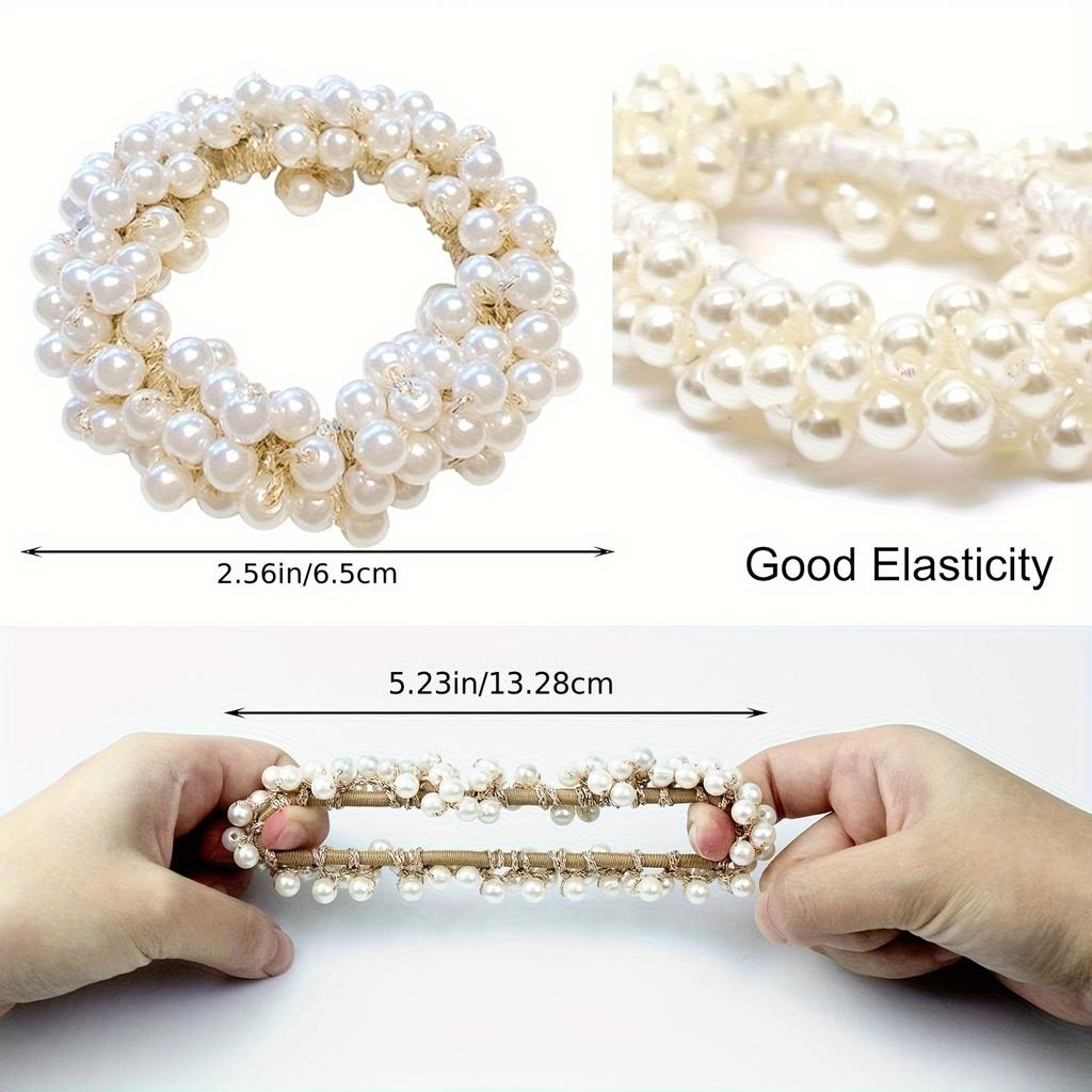 3 Stück Kunstperlen Haargummis • Elastische Scrunchies Dehnbare Bänder • Perlenketten Haaraccessoires für Damen • Pferdeschwanz Dickes Haar • Weiß&Gold&Rosa