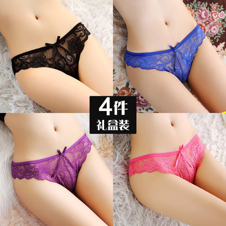 4 Gift Boxes of Sexy Underwear for Girls, Transparent Temptation Hollow Lace Bikini Hip Hot Briefs