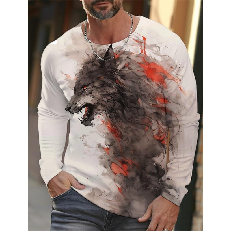 Tricou cu mânecă lungă Ukiyoe pentru bărbați 2024, tricou cu mânecă lungă, imprimat 3d, cu imprimeu de lup de înaltă definiție, pentru bărbați, top casual, cu gât rotund