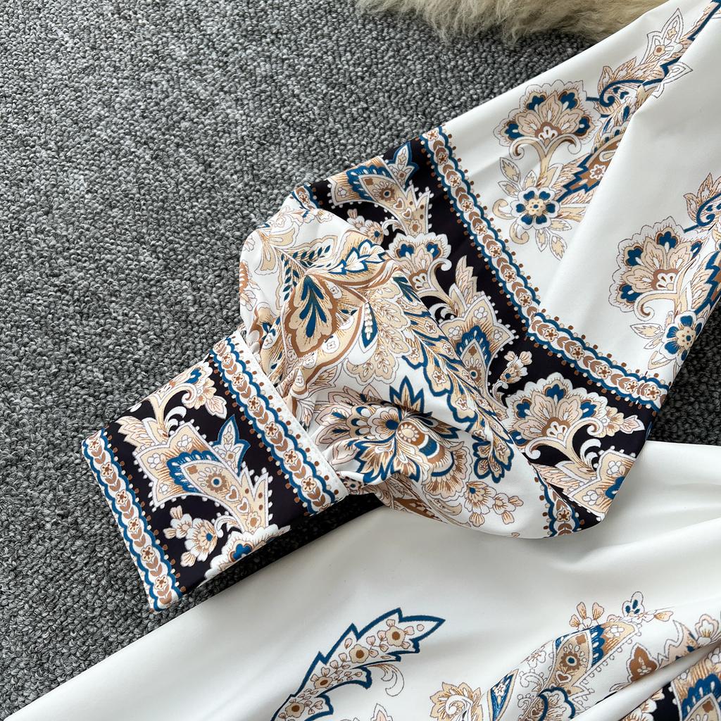 Spring Autumn Women Vintage Palace Print Single Breasted Ankle Length Holiday Party Shirt Dresses with Belt