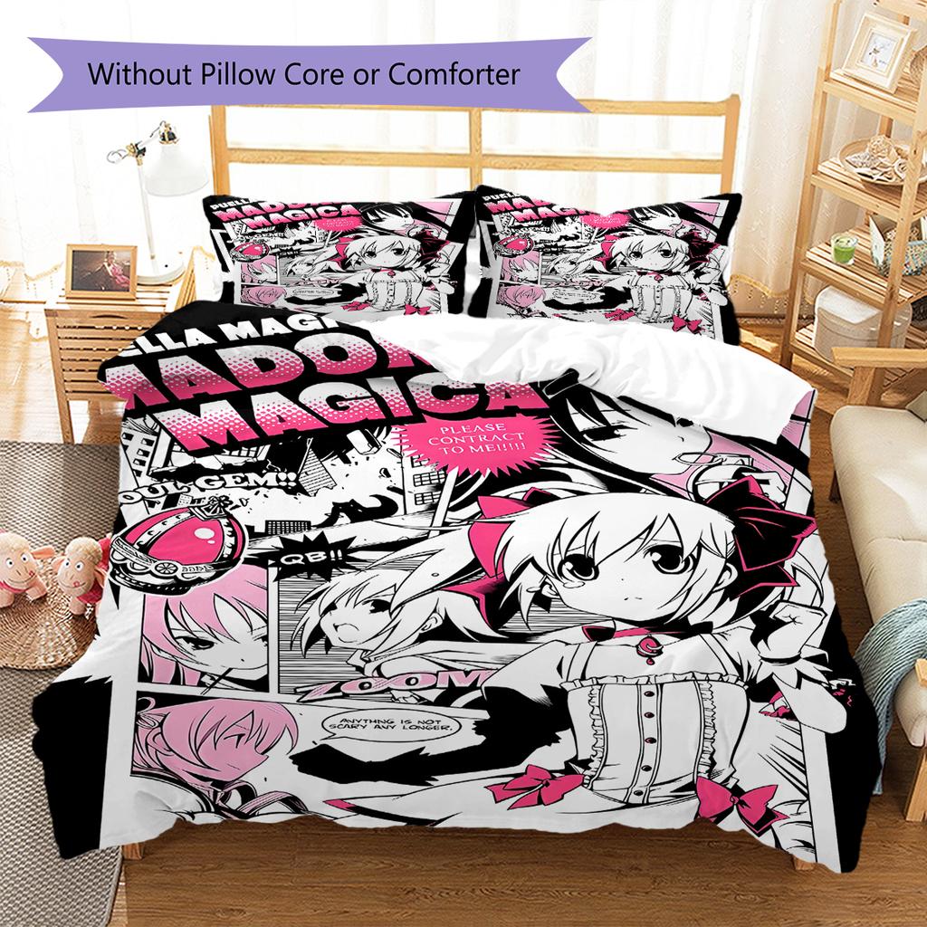 Puella Magi Madoka Magica Vzorované povlečení, Sada přikrývek Povlak na přikrývku Povlak na polštář Domácí dárek k narozeninám (1 * povlak na peřinu + 2 * povlak na polštář, bez jádra)
