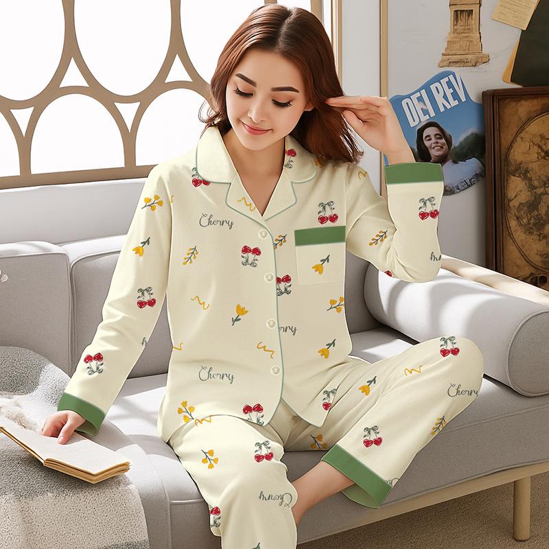 Baumwollimitat Pyjama Damen Frühling und Herbst Damen Mutter Herbst Übergröße Loungewear Langarm Hosen Set
