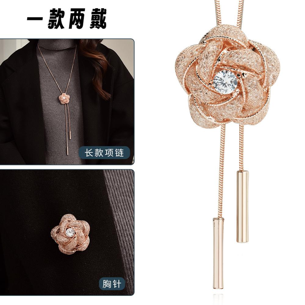 Suijue Pearl Sweater Chain Two Wear Crystal Flower Long Necklace Titanium Steel National Style Two Wear Function