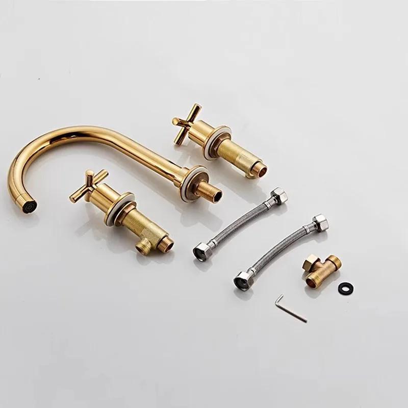 Black Basin Faucets Brass Polished Chrome Deck Mounted Bathroom Sink Faucets 3 Holes Double Handles Hot And Cold Water Tap Gold