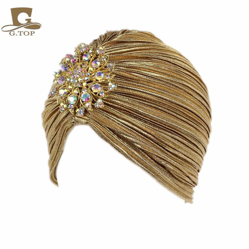 Noble gold pleated Indian hat headscarf hat with gold brooch accessories TJMG warm