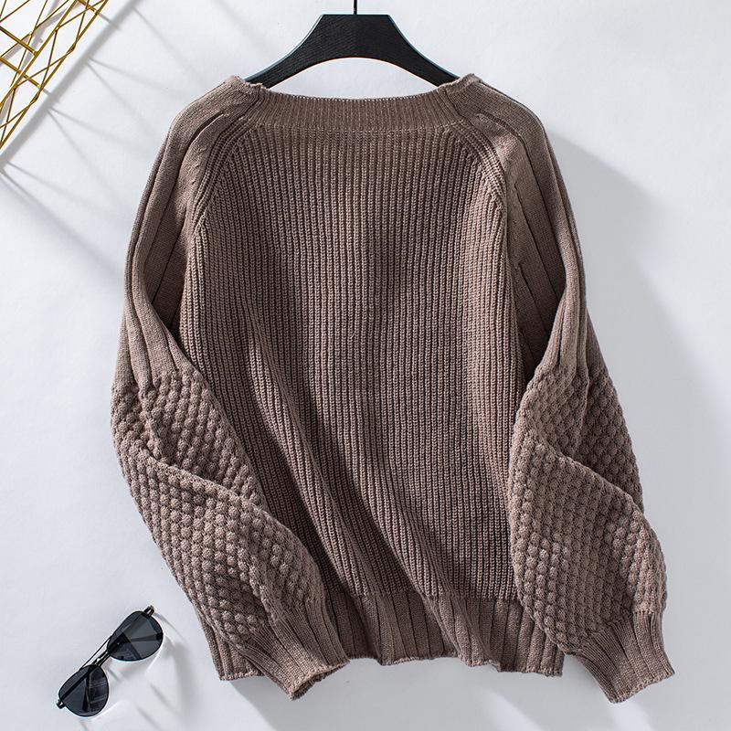 Podzim Zima Vintage Volný Top s Dlouhým Rukávem Jednobarevný Cardigan Svetr S výstřihem do V