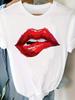 White Short-sleeved T-shirt with Bright Red Lip Print, Simple Yet with a Sexy Charm