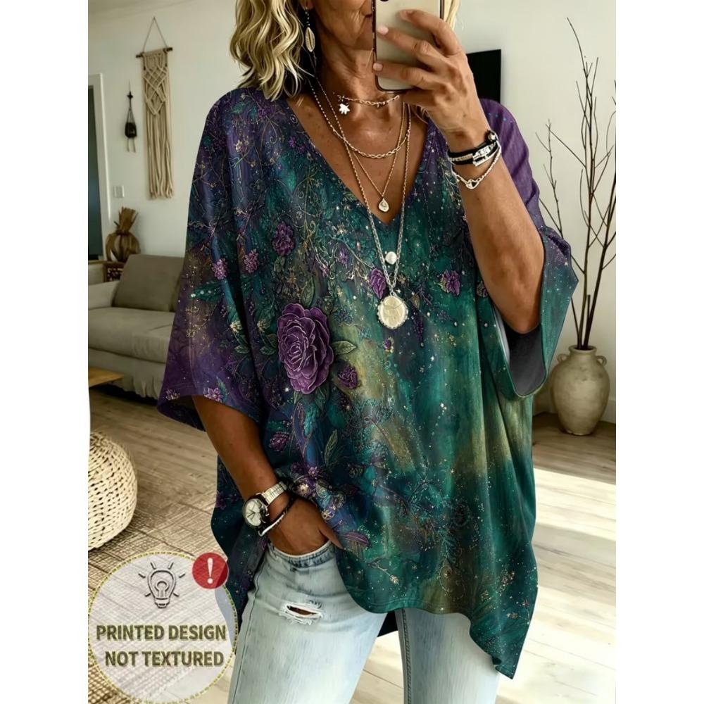 Women's Large Size V-neck Top, Elegant, Comfortable and Simple Leopard Print Pattern Print Large Size Women's V-neck T-shirt