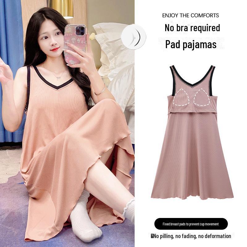 Women's Summer Ice Silk Two-Piece Nightdress with Breast Pads - Short-Sleeved, Sweet, Knee-Length