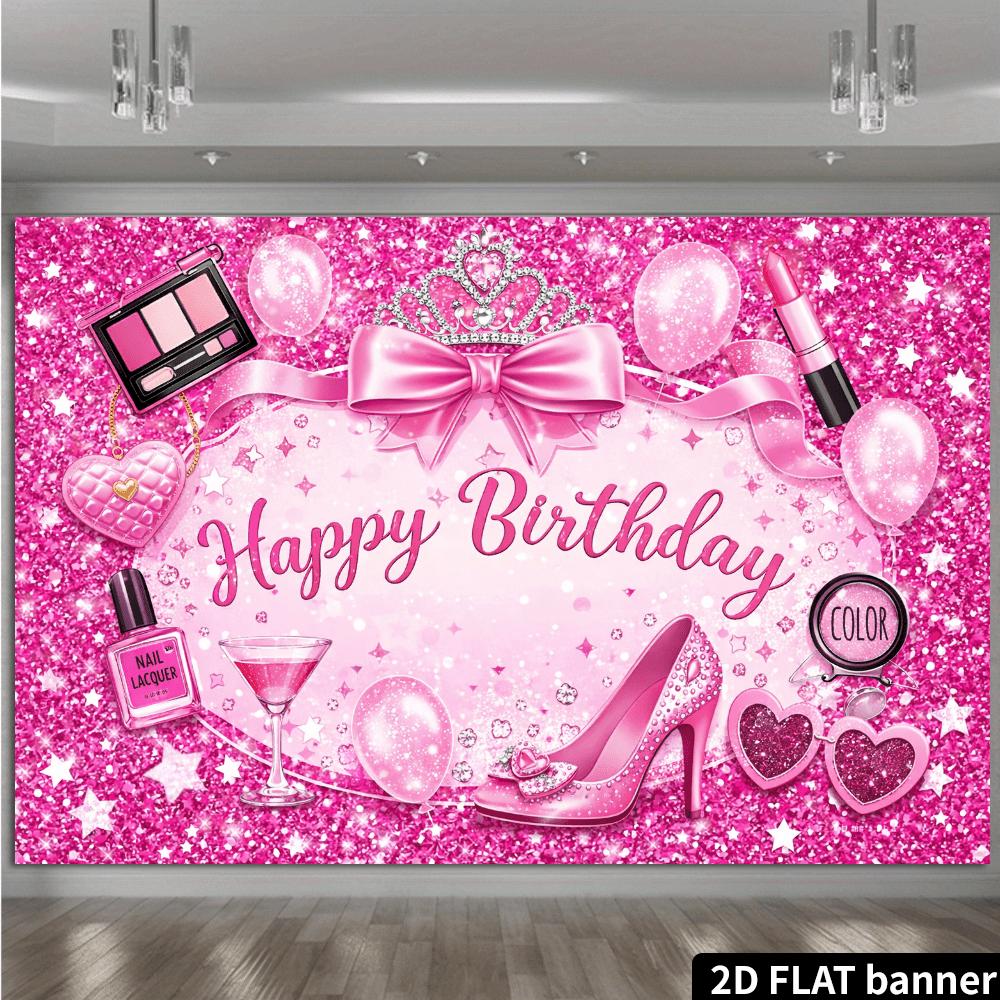 2D plane pink birthday party backdrop with high heels and crown decorations at the center.zyc
