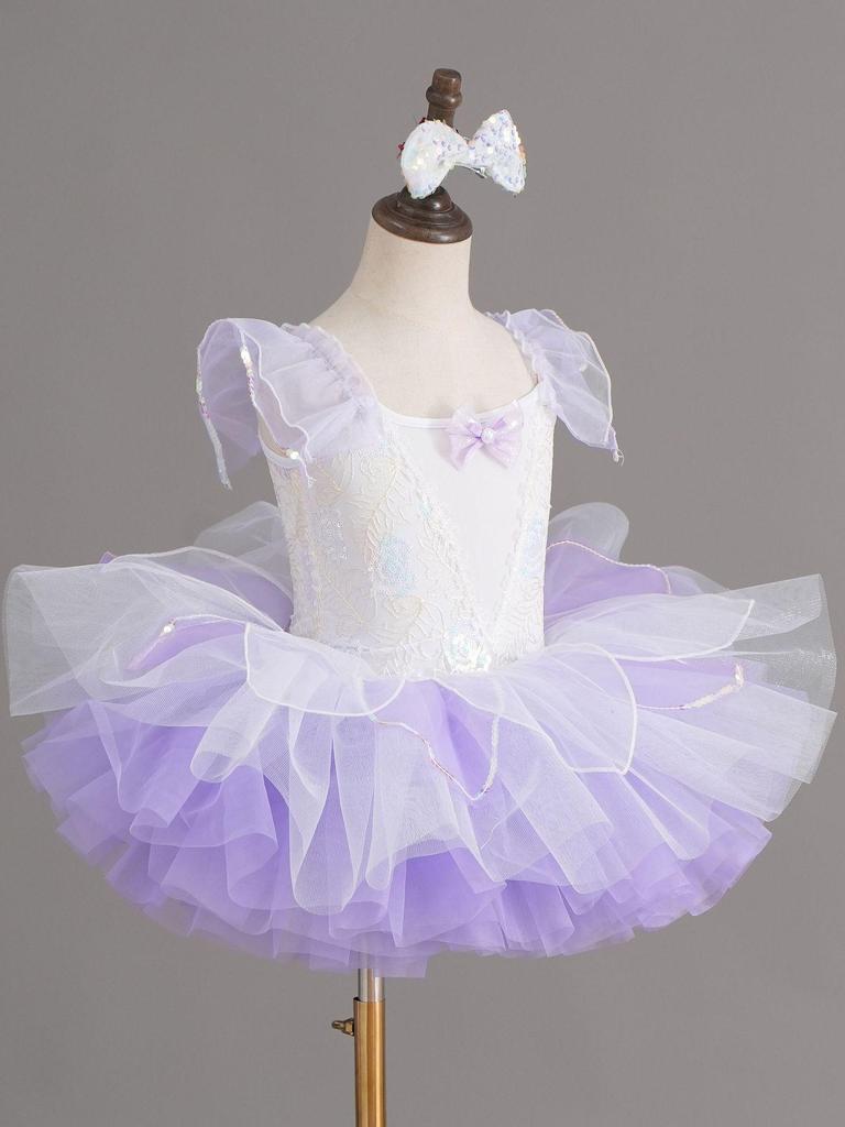 Mädchen Pailletten Prinzessin Ballett Kostüm mit bauschigem Rock, Kleines Schwanen-Auftrittskostüm für den Kindergarten
