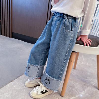 Yeni Bahar Kızların Geniş Bacaklı Pantolon Moda Dış Giyim Kız Bebek Pop Sokak İlkbahar ve Sonbahar Çocuk Kot Geniş Bacaklı Pantolon