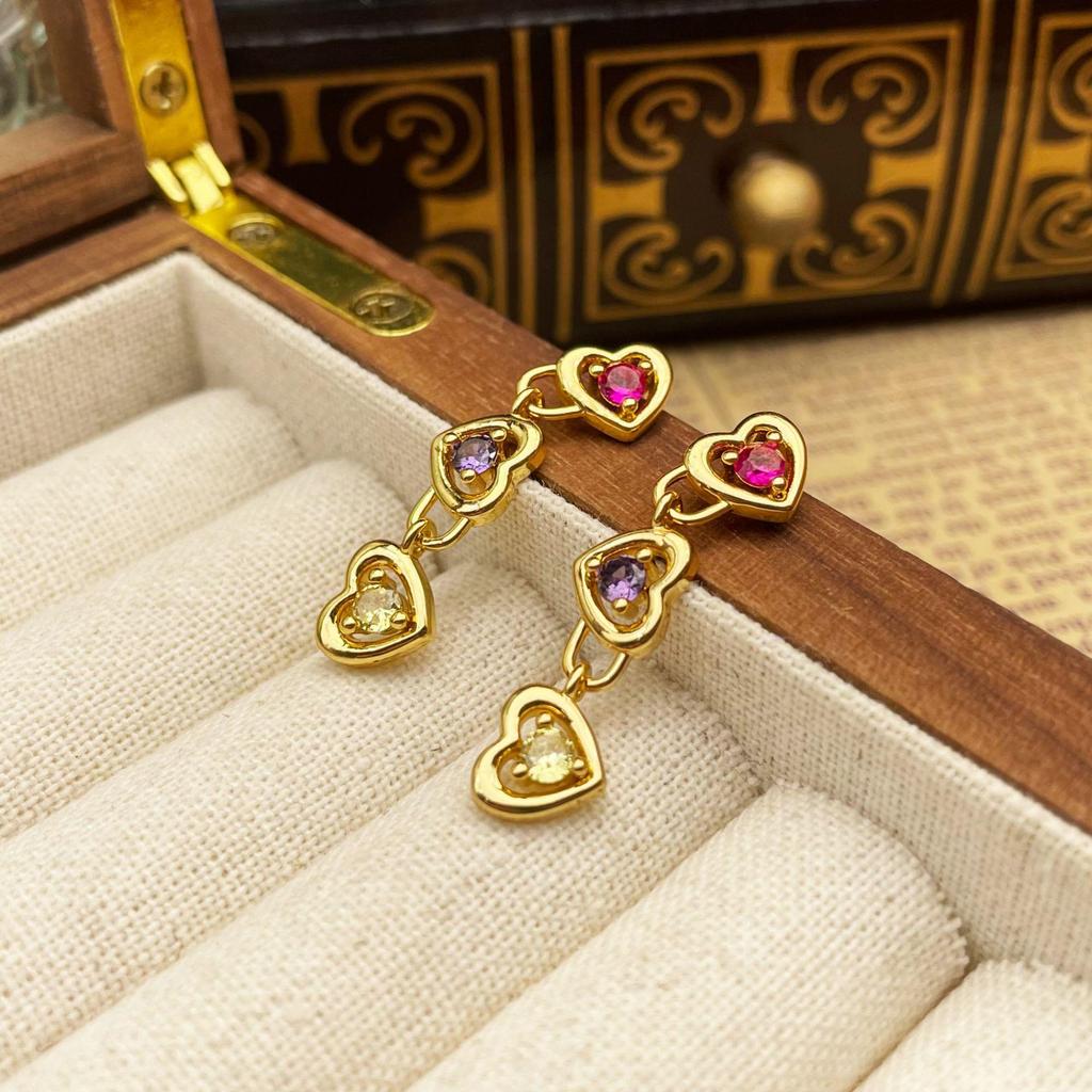 Korean Style Colorful Zircon Heart Tassel Earrings for Women