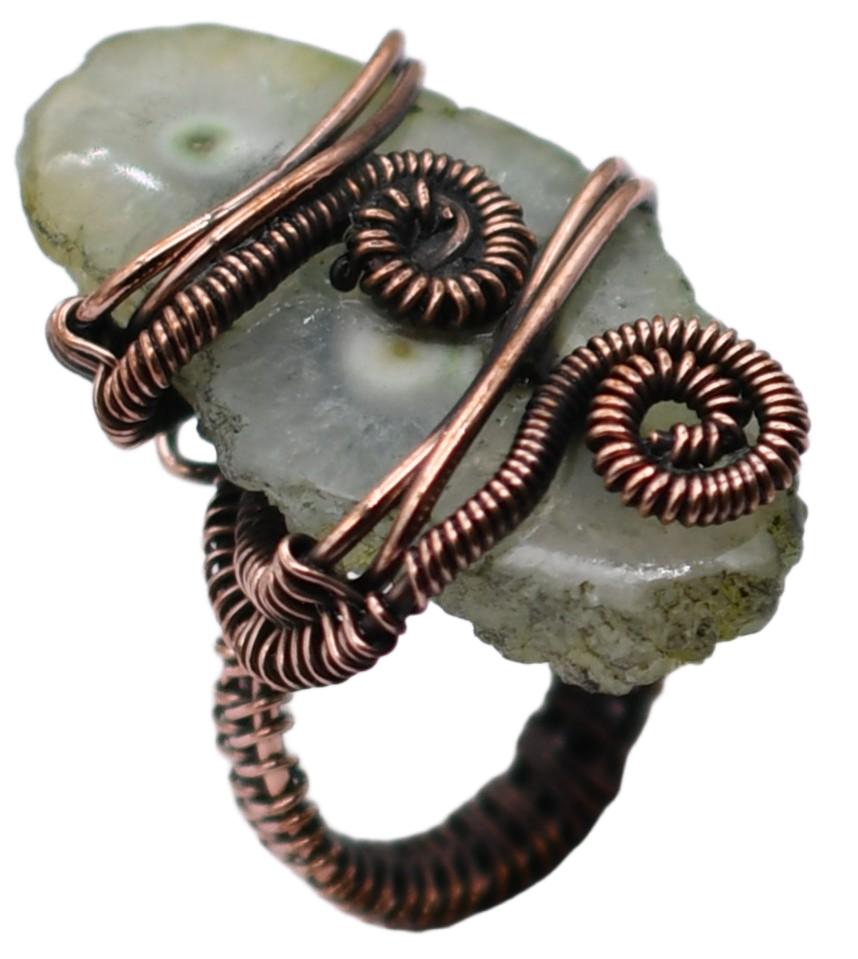 Prehnite Natural Gemstone Copper Wire-Wrapped Ring US Size-7 A242