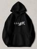 Men's Black Pullover Hoodie with White Jet Fighter and Heartbeat Line Graphic Casual Long Sleeve Sweatshirt with Kangaroo Pocket F