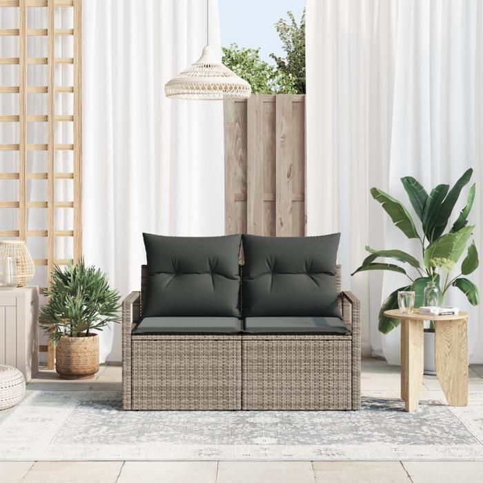 Sofa de jardin 2 places avec coussins gris en poly rotin 42006754