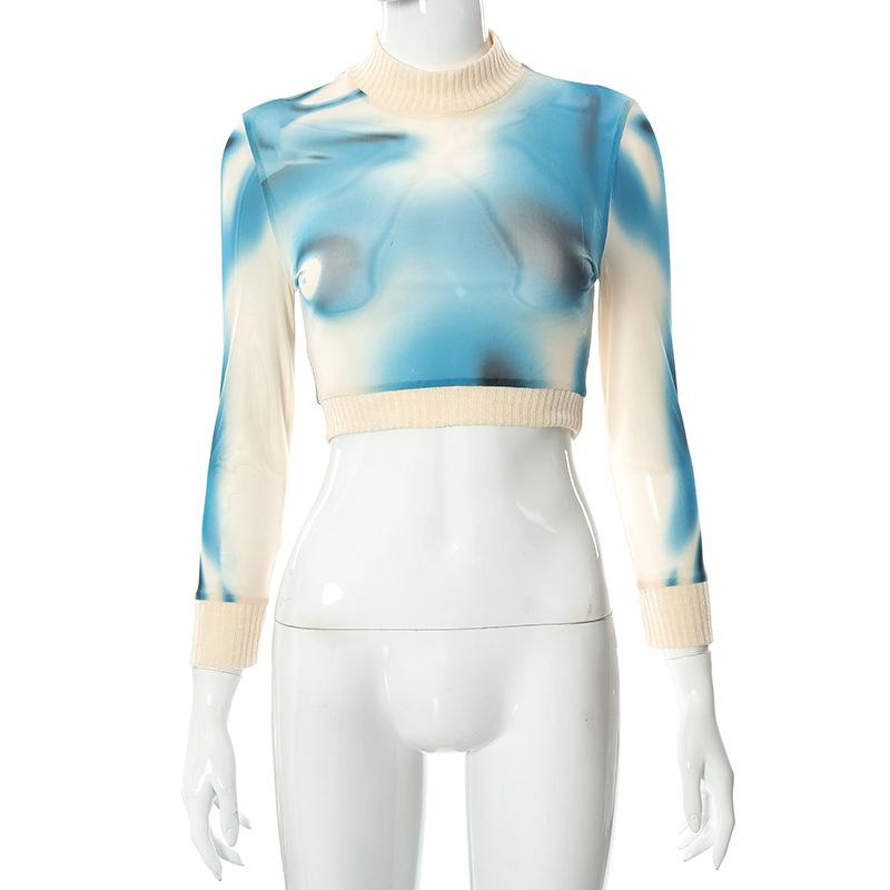 Vintage streetwear 90. léta kravatový potisk Rolák Síťovaná trička Y2K Fashion Patchwork Dlouhý rukáv Crop Tops Dámské Módní trička