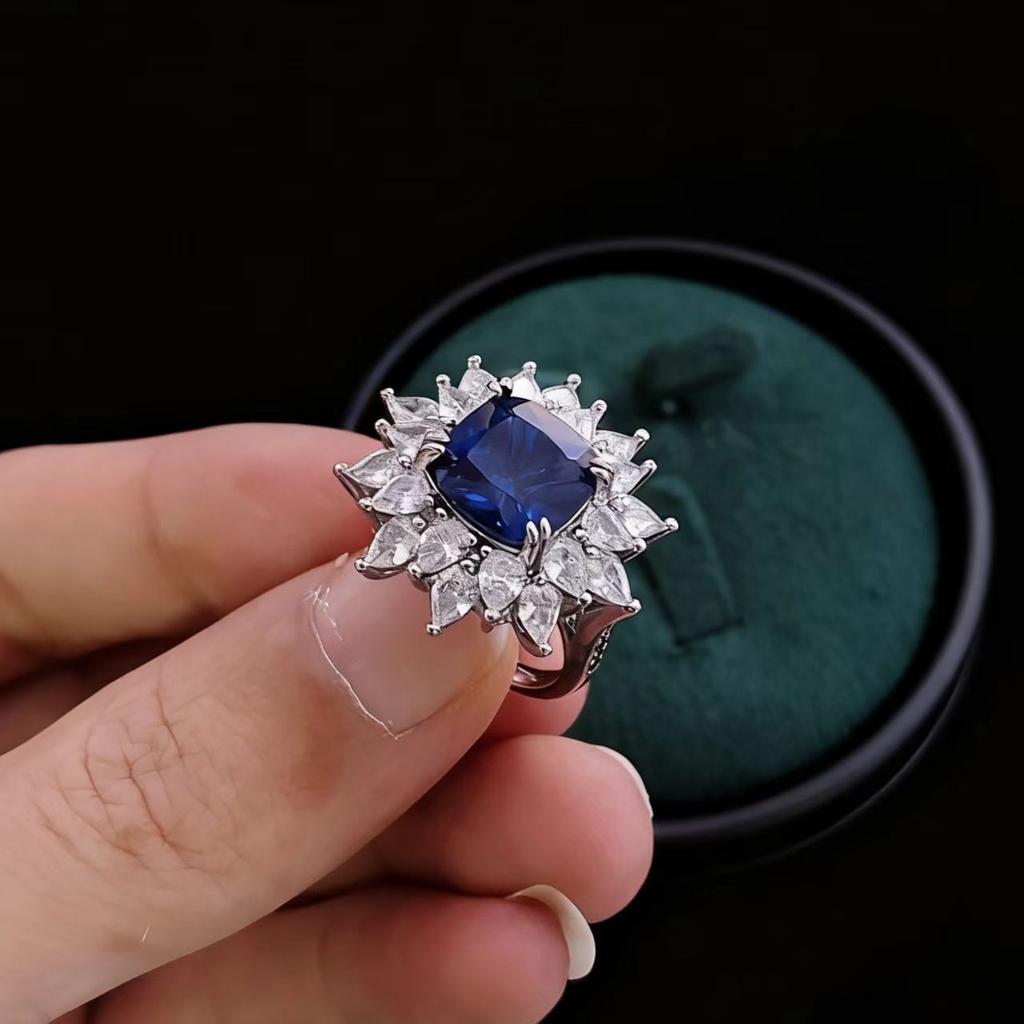 Jewelry Imitation Fat Square Emerald Ruby Ring Female Heavy Industry Luxury Set High Carbon Diamond Flower Ring