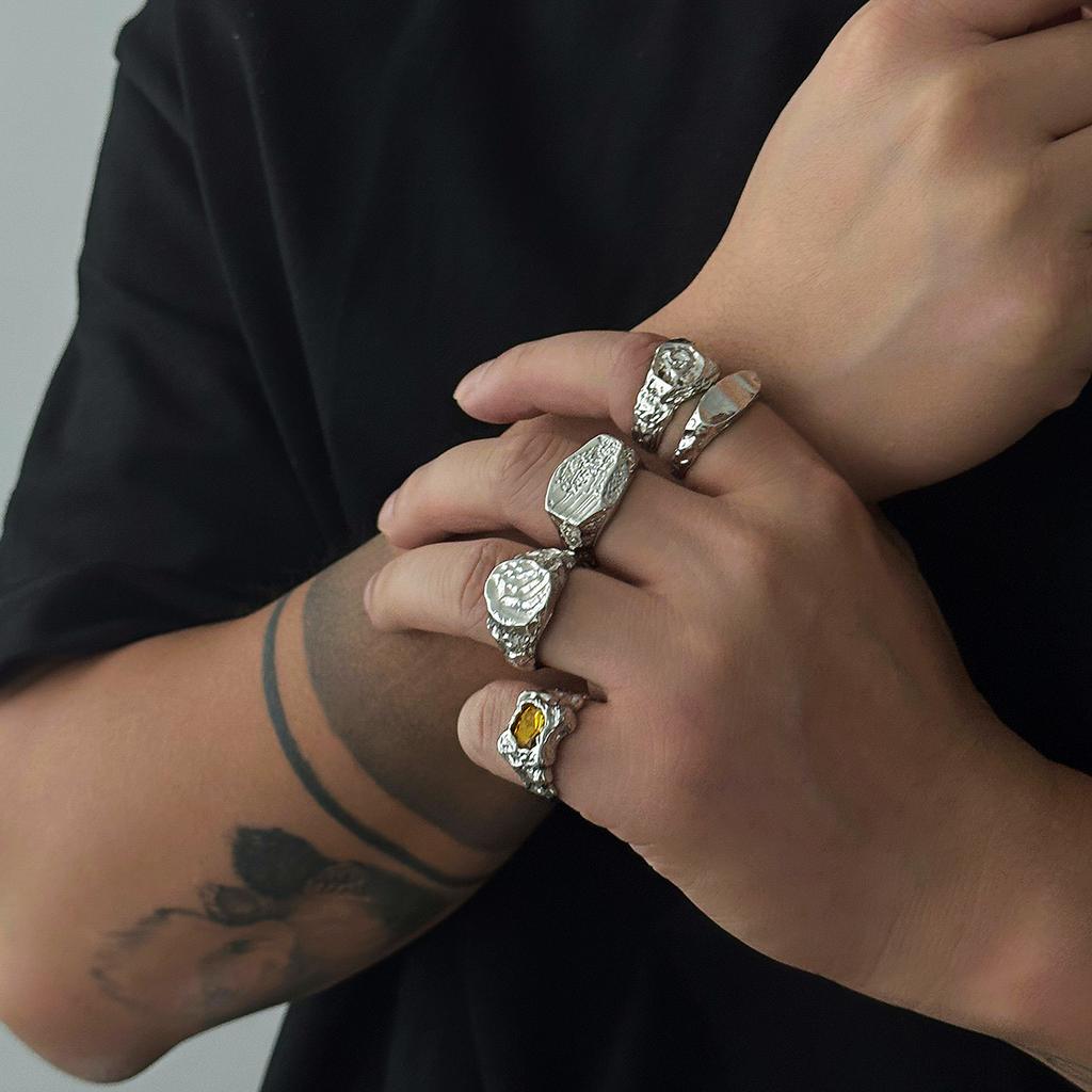 Ingemark 5Pcs/Set Vintage Irregular Metal Texture Ring Men Trendy Creative Open Adjustable Wide Ring Aesthetic New Jewelry Gift