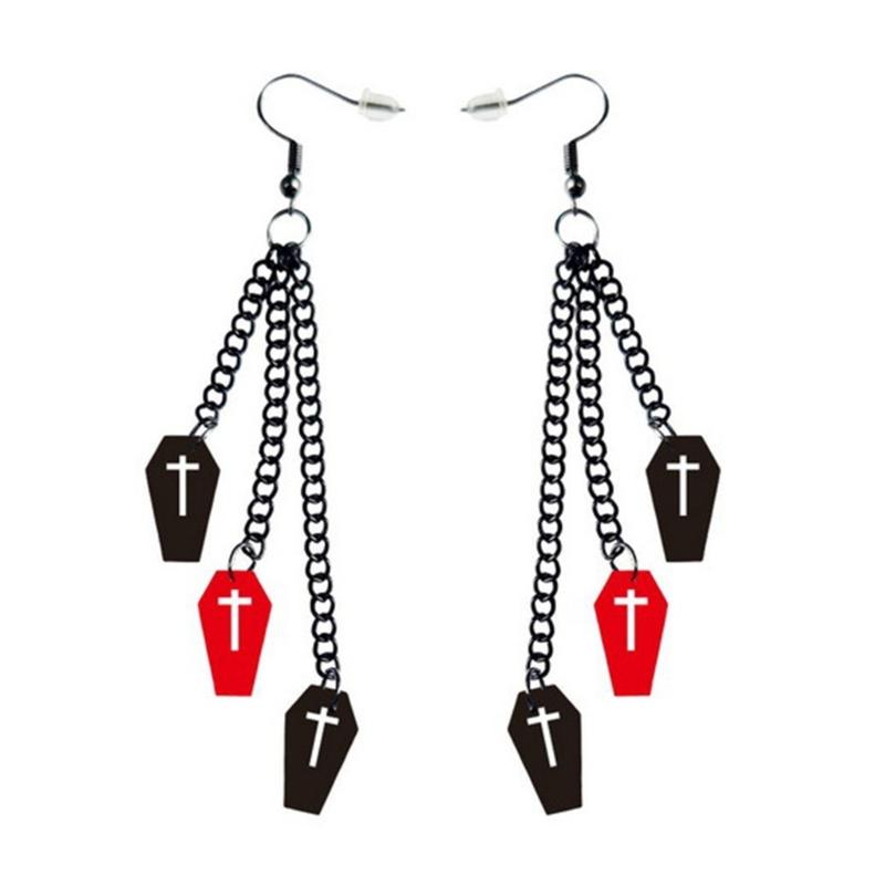 Skull Black Chain Earrings Halloween Ear Drop Earrings Stud Halloween Costume Accessories Hip Hop Ear Piercing Jewelry