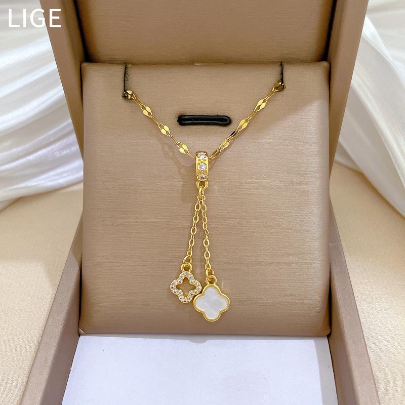 Light Luxury Double-Layer Lucky Flower Micro-Inlaid Real Gold Necklace Women'S Transfer Collarbone Chain With Jewelry