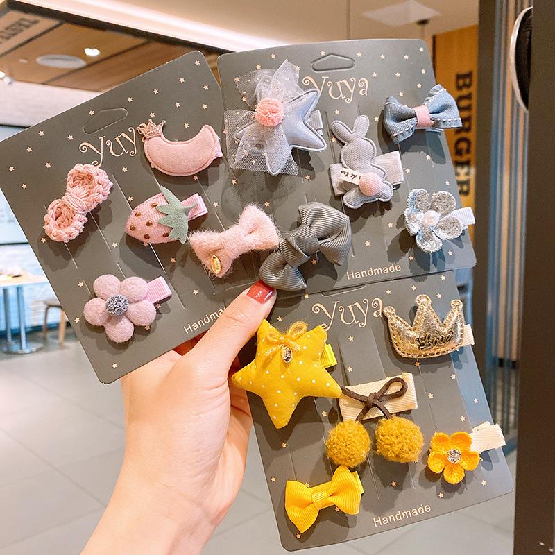 Pretty Hair Accessories for Baby Girls 5 PCS Mini Hair Clips Set Sweet Candy Color Bow Flower Fabric Side Clips
