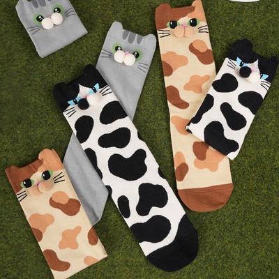Elastic Calico Cat Socks Breathable Tuxedo Cat Socks Whimsical Pouty Kitty Socks  All Seasons