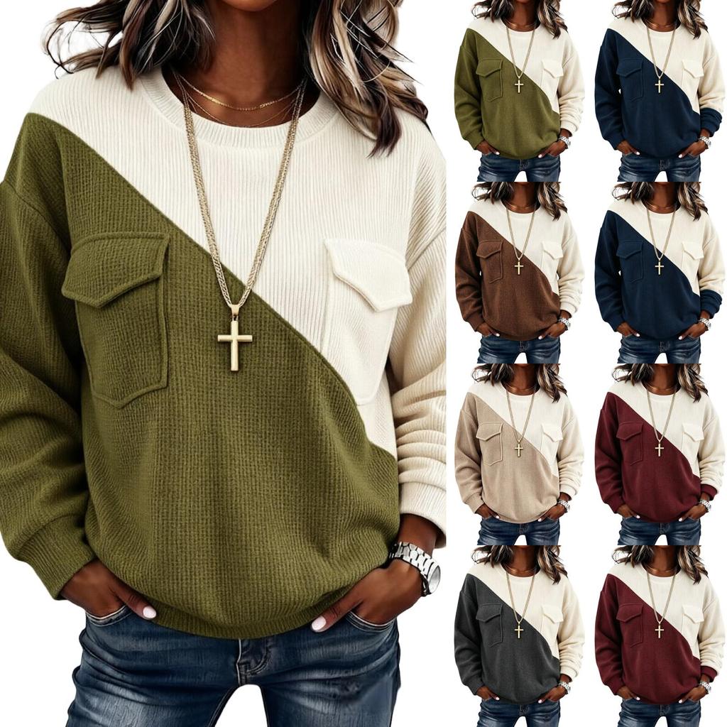 Women's Color Block Long Sleeve Casual Cargo Pocket Sweatshirt