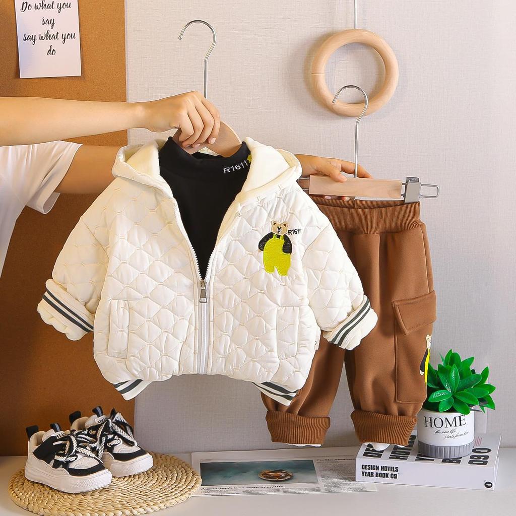 0-5-year-old boys' long sleeved 3-piece set, Children's winter velvet warm cotton suit set, Teddy bear printed jacket