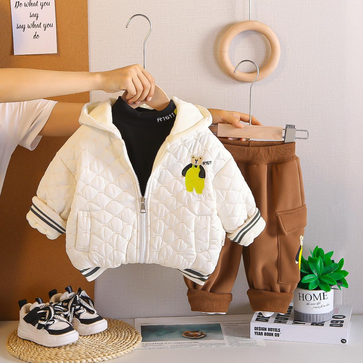 

Комплект из 3 предметов с длинным рукавом для мальчиков 0-5 лет, Детский зимний велюровый теплый хлопковый костюм, Куртка с принтом плюшевого мишки S бежевый