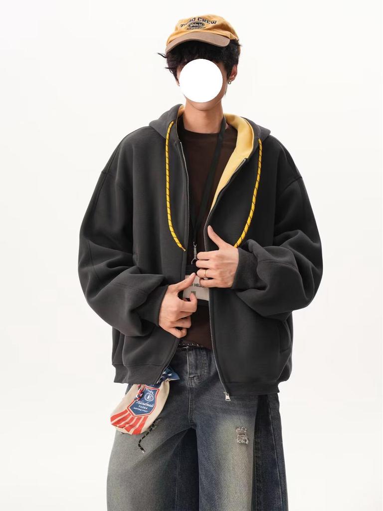 Moletom Color Block Unissex de Outono: Jaqueta Esportiva Solta Estilo College com Zíper Duplo