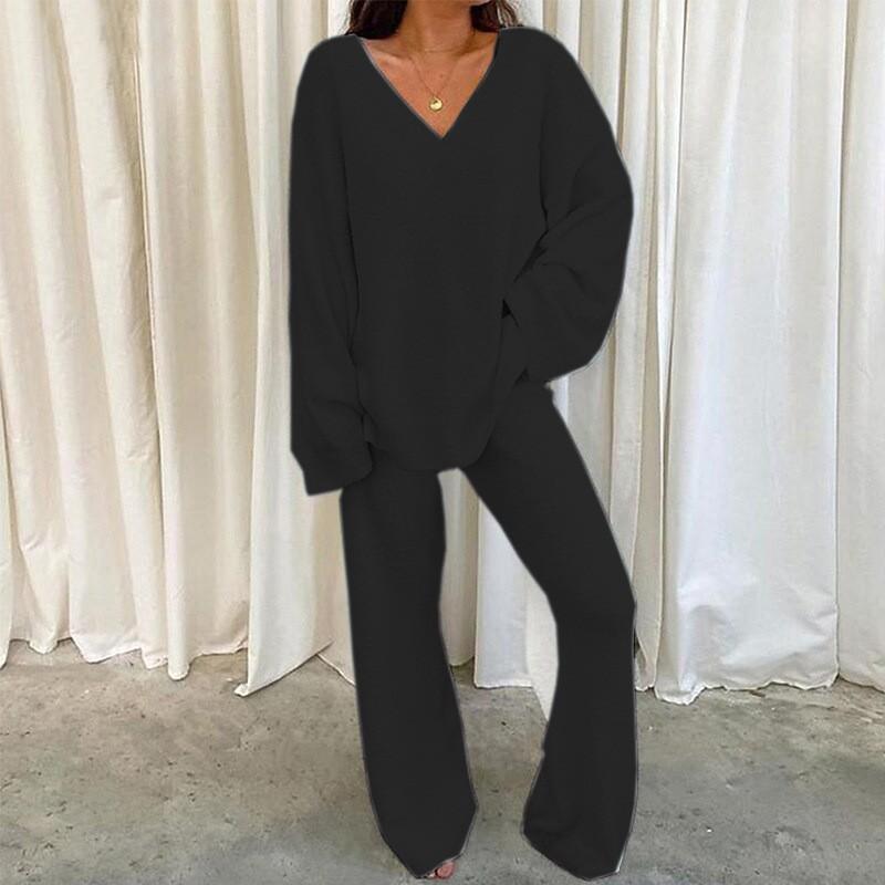 Womens Soft Solid V-Neck Lounge Set
