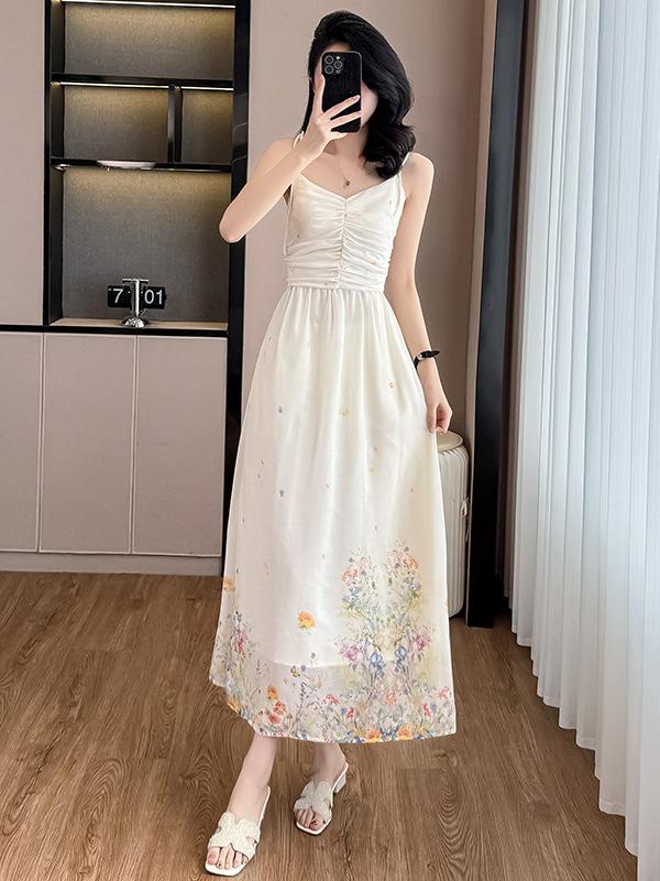 Women's Summer Spaghetti Strap Two-Piece Dress Set: Pure Style, Heavy Duty Print, Slimming Waist, Versatile Long Dress