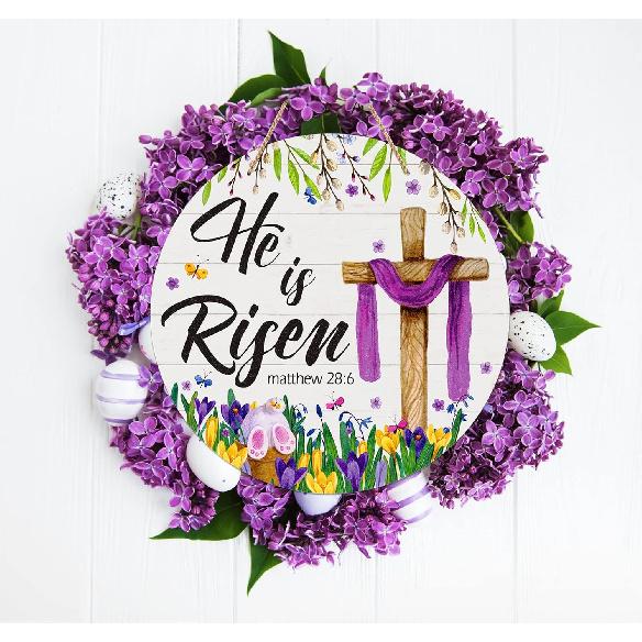 FaCraft He is Risen Decor Sign - Easter Wreath for Front Door, Religious Cross Door Decoration, Farmhouse Floral Hanger for Home, Porch, Wall, Spring