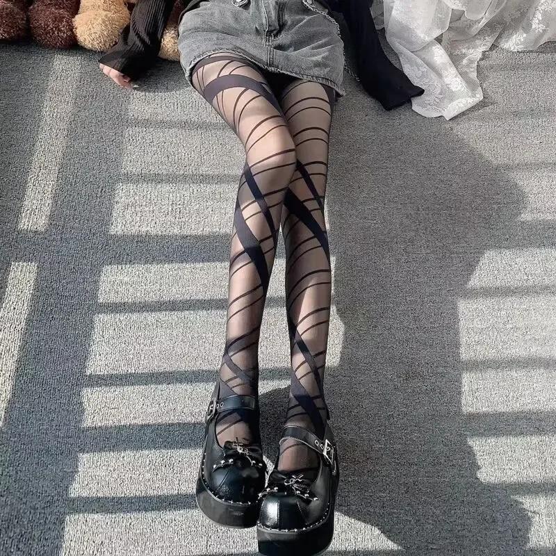 Cross Strappy Pantyhose High Waist Semi-Sheer Footed Pantyhose Women'S Stockings & Hosiery Stockings Punk Jk Cute Girl Hosiery