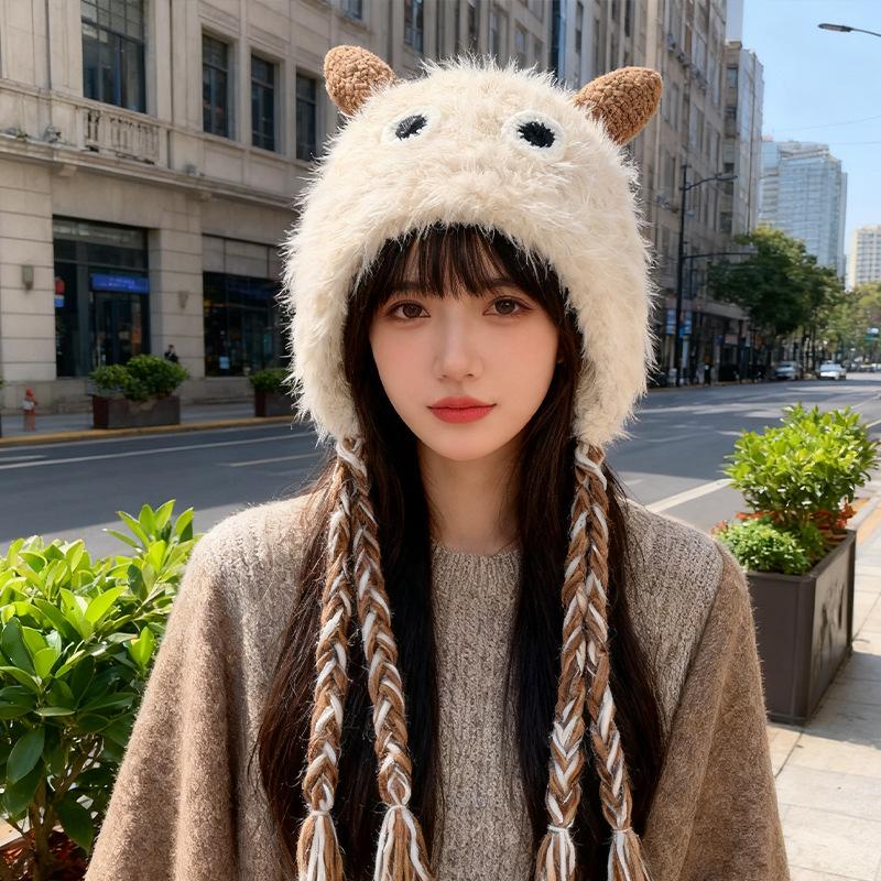 New Women'S Red Blue Plush Hat Winter Warm Cute Cartoon Knitted Earflap Beanie With Braided Tassels For Ladies Hats Casual