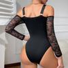 Black Long-sleeved Onesie Women's Lace Three-dimensional Embroidery Off-the-shoulder Party Wear Underwear