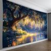 Tapisserie d'Arbre Lumineux, Lucioles sur la Rivière la Nuit, Paysage de Forêt Magique Accrochage Mural pour Chambre à Coucher Salon Décoration de la Maison