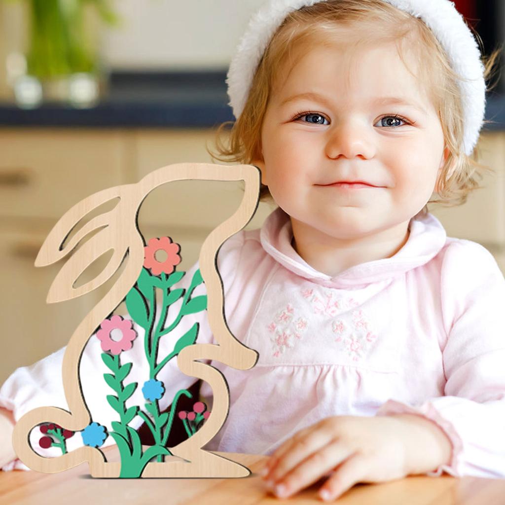 Easter Bunny Figurine, Home Decor, Living Room Ornament, Flower Figurine, Wooden Craft.