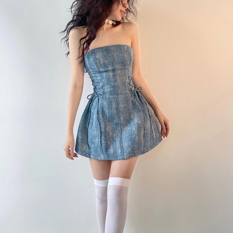2026 European and American style summer new women's clothing solid color slim fit high waist fashion one-word collar halter dress women